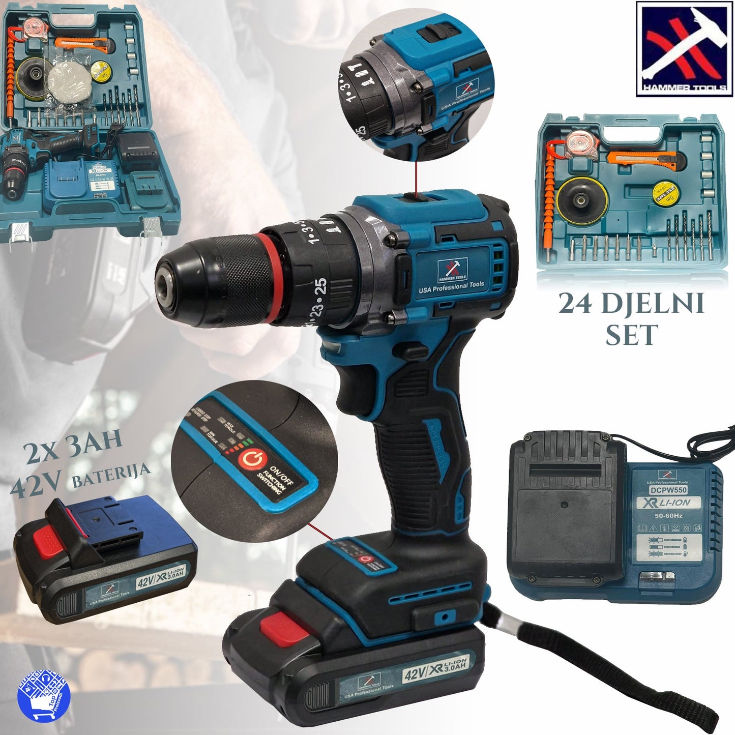 WIERTARKA UDAROWA HAMMER TOOLS 42 V, 24 CZĘŚCIOWA