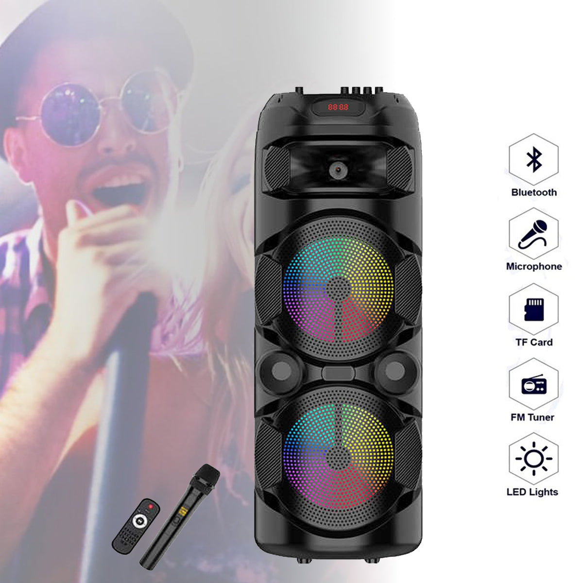 PODWÓJNY 8 CALOWY GŁOŚNIK BLUETOOTH Z BEZPRZEWODOWYM MIKROFONEM