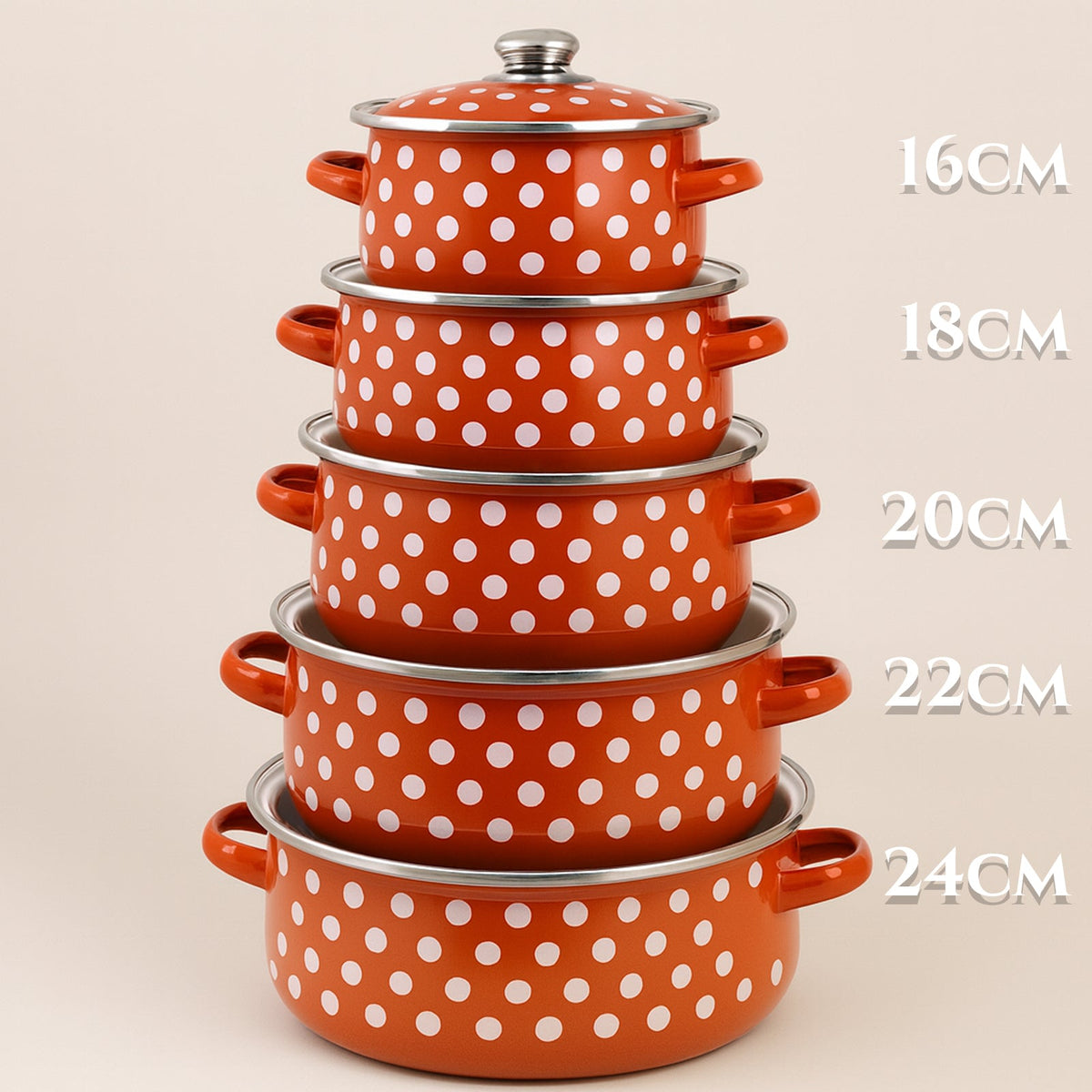 Retro zestaw emaliowanych garnków 5-częściowy (16–24 cm)
